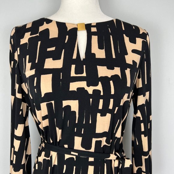 Tahari Womens Long Sleeve Belted Dress Tan Black Abstract Geo Print size 2 - Picture 2 of 12